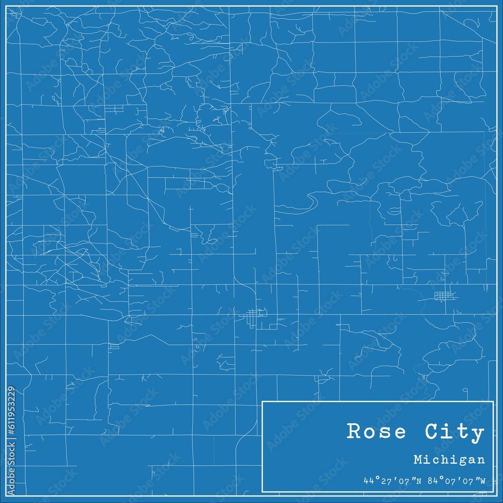 Blueprint US city map of Rose City, Michigan. Blueprint US city map of Rose City, Michigan.