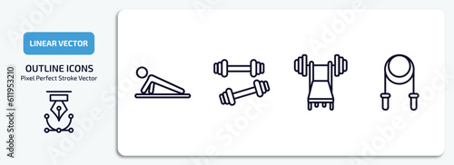 gym and fitness outline icons set. gym and fitness thin line icons pack included push up, little dumbbell, barbell bench press, skipping rope vector.