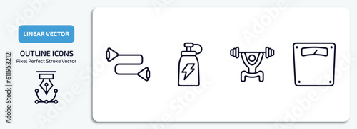 gymandfitness outline icons set. gymandfitness thin line icons pack included resistance band, fitness drink, lifting barbell, scale vector.