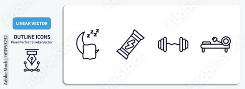 gym and fitness outline icons set. gym and fitness thin line icons pack included sleep, energy snack, dumbbells bar, rowing hine vector.