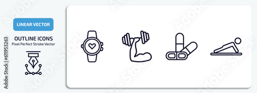 gym and fitness outline icons set. gym and fitness thin line icons pack included training watch, fitness, press simulator, vector.