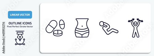 gym and fitness outline icons set. gym and fitness thin line icons pack included pill and tablet, fitness body, abdominal exercises, lifting dumbbells vector.
