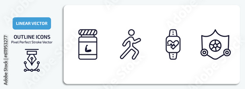 gym and fitness outline icons set. gym and fitness thin line icons pack included phytonutrients, stretching leg exercise, pulsometer, elevation mask vector.