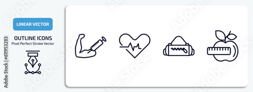 gym and fitness outline icons set. gym and fitness thin line icons pack included steroids, fitness heart, gym bag, nutrition vector.