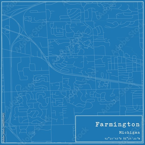 Blueprint US city map of Farmington, Michigan.