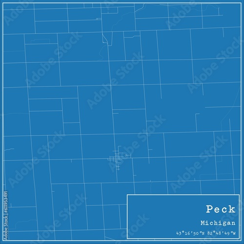 Blueprint US city map of Peck, Michigan.