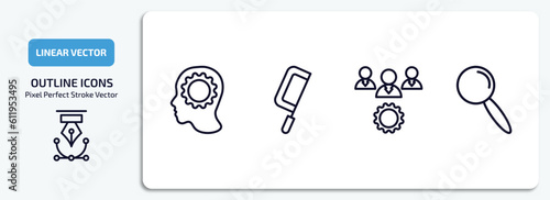 general outline icons set. general thin line icons pack included realization, fretsaw, project team, magnifiying glass vector.