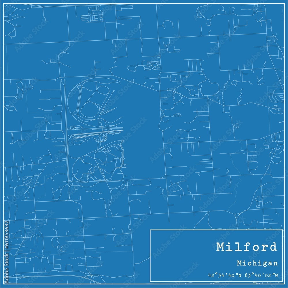 Blueprint US city map of Milford, Michigan.