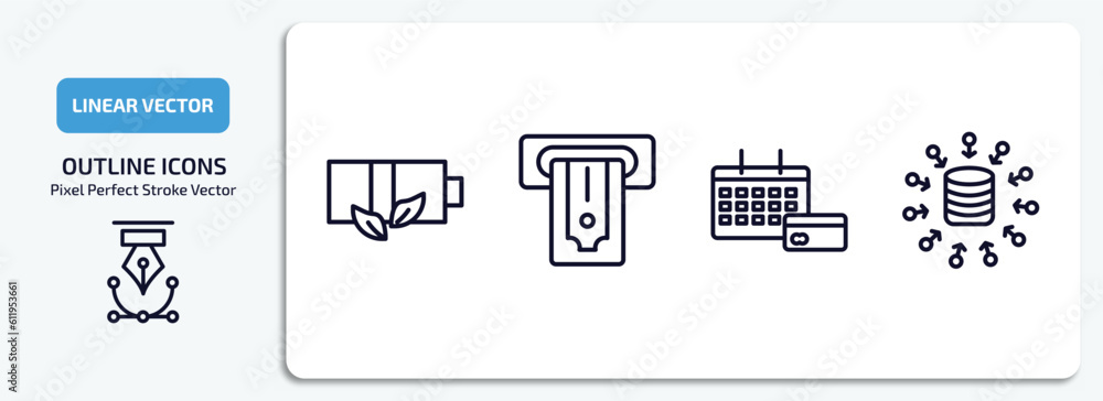 general outline icons set. general thin line icons pack included eco battery, atm cash, annual fee, data aggregation vector. general outline icons set. general thin line icons pack included eco battery, atm cash, annual fee, data aggregation vector.