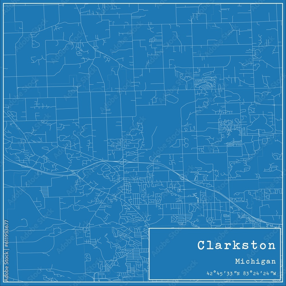Blueprint US city map of Clarkston, Michigan.