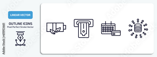 general outline icons set. general thin line icons pack included eco battery, atm cash, annual fee, data aggregation vector.