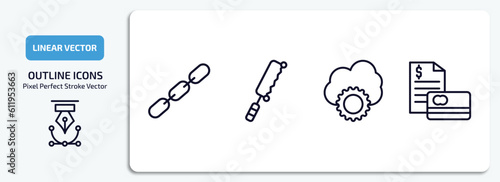 general outline icons set. general thin line icons pack included chain, fretsaw, cloud service, credit report vector.