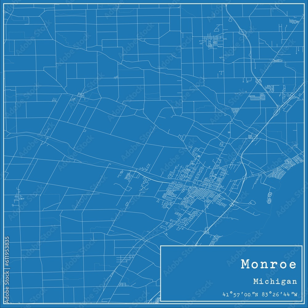 Blueprint US city map of Monroe, Michigan.