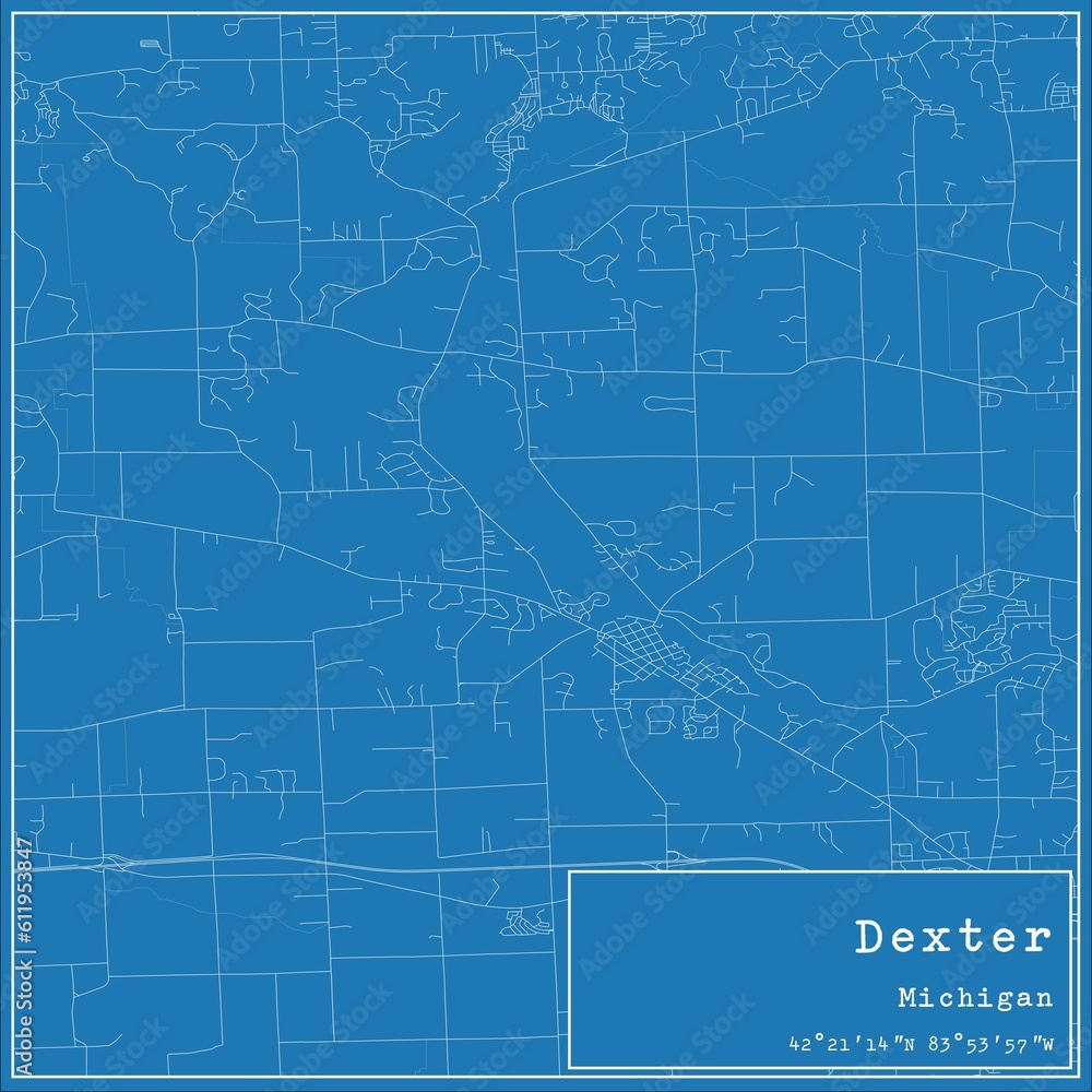 Blueprint US city map of Dexter, Michigan.