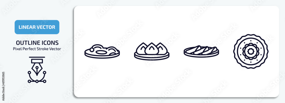 food and restaurant outline icons set. food and restaurant thin line icons pack included zha jiang mian, wonton, popiah, moon cake vector.