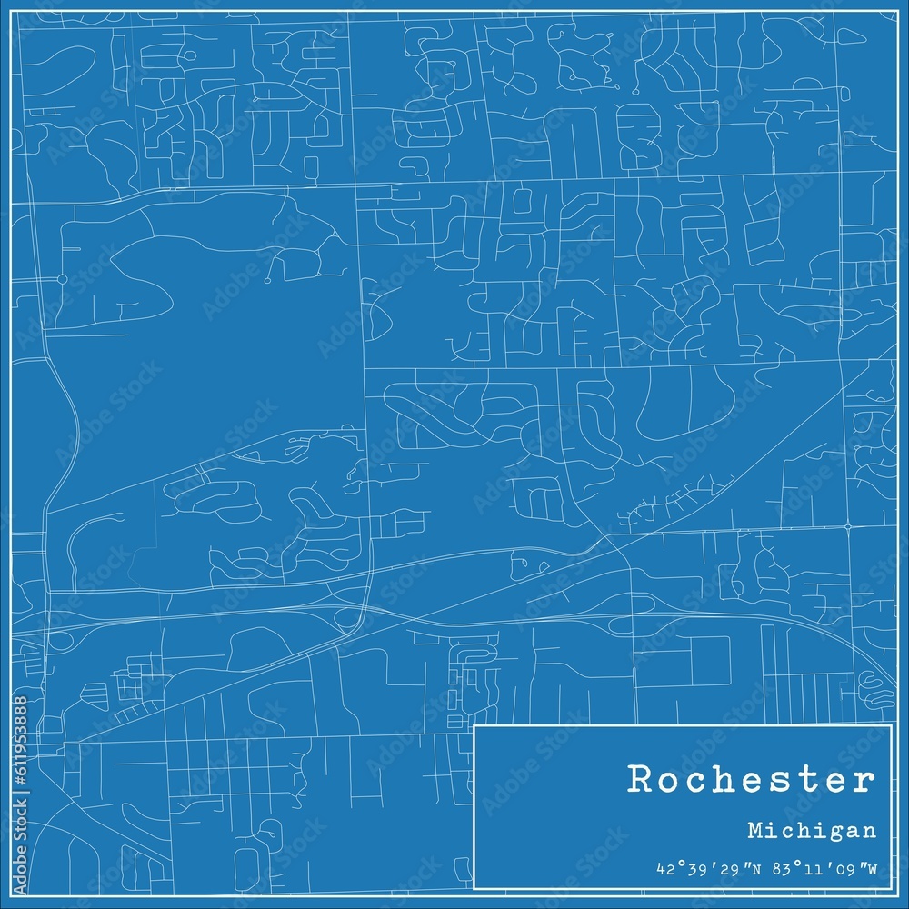 Blueprint US city map of Rochester, Michigan.