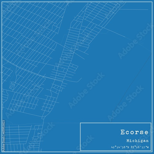 Blueprint US city map of Ecorse, Michigan.