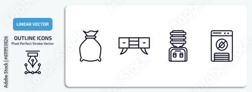 furniture & household outline icons set. furniture & household thin line icons pack included garbage bags, credenza, water dispenser, dehumidifier vector.