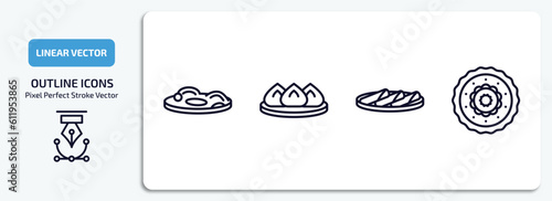 food and restaurant outline icons set. food and restaurant thin line icons pack included zha jiang mian, wonton, popiah, moon cake vector.