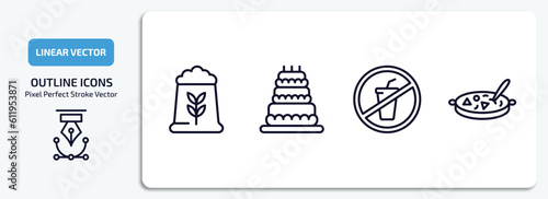 food outline icons set. food thin line icons pack included fodder, celebration cake, no drinking, luosifen vector.