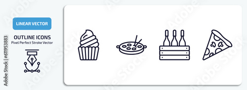 food outline icons set. food thin line icons pack included muffin bake, oyster omelette, wine bottles in a box, triangular pizza slice vector.