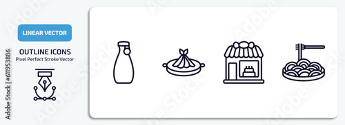 food outline icons set. food thin line icons pack included sake, fuqi feipian, candy shop, spaguetti vector.