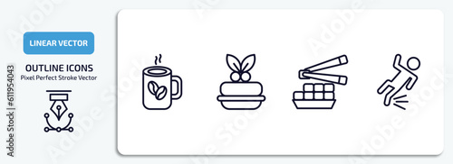 food outline icons set. food thin line icons pack included hot coffee cup, marzipan, fried tofu curd balls, fallen vector.