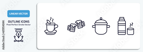 food outline icons set. food thin line icons pack included hot herbal, beers, kitchen pot, thermo flask vector.