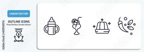 food outline icons set. food thin line icons pack included sippy cup, tropical drink, jelly, spices vector.