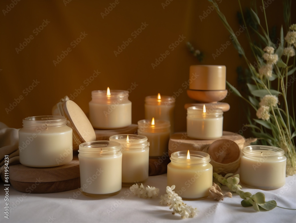 Natural eco home decor candles on white table. Poster mock up for handmade candle production. Ai generated
