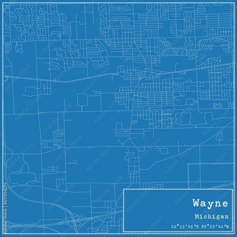 Blueprint US city map of Wayne, Michigan.