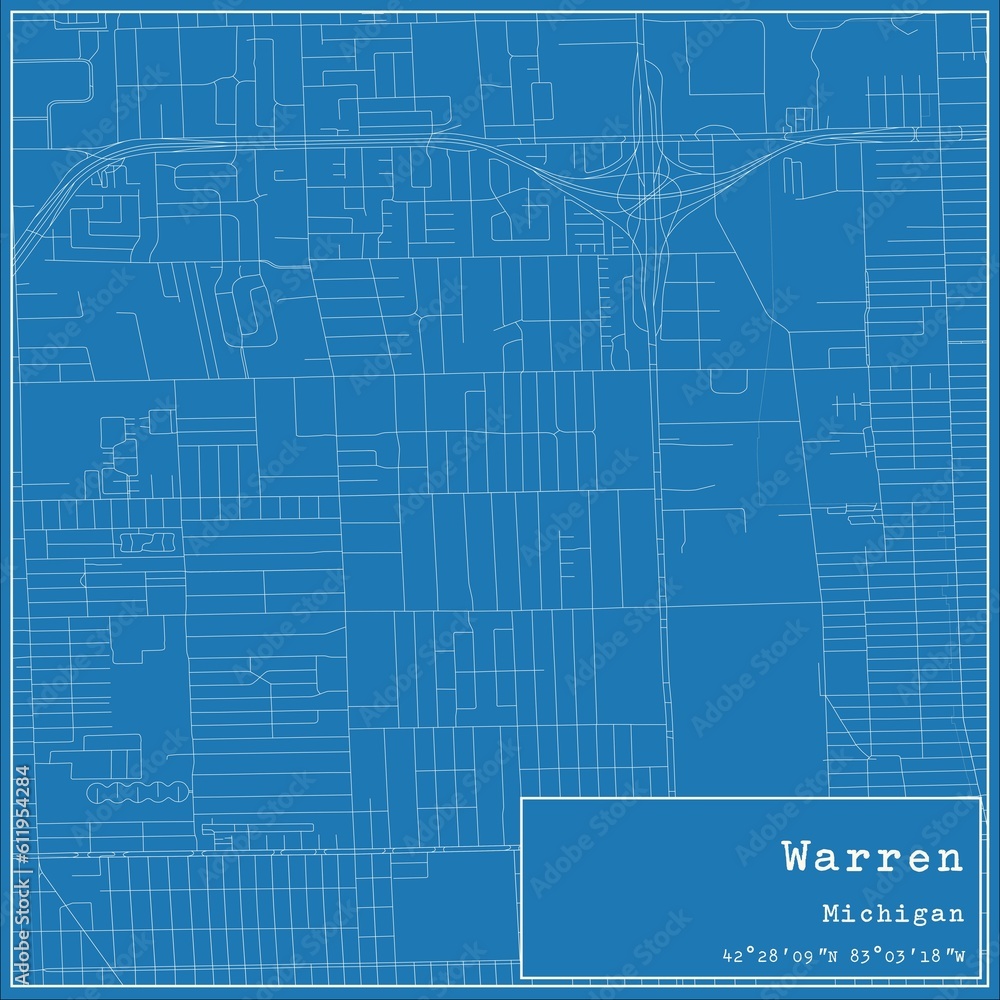 Blueprint US city map of Warren, Michigan.