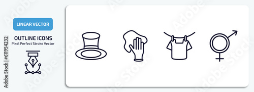 fashion outline icons set. fashion thin line icons pack included cylinder hat, rag, drying, unisex vector.