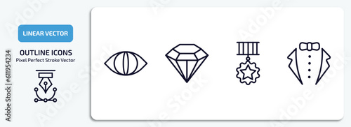 fashion outline icons set. fashion thin line icons pack included cat eyes, jewel, star medal, tux vector.