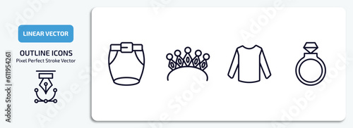 fashion outline icons set. fashion thin line icons pack included short skirt, diadem, long sleeves, fiance vector.