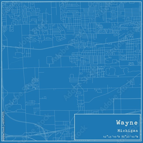 Blueprint US city map of Wayne, Michigan.