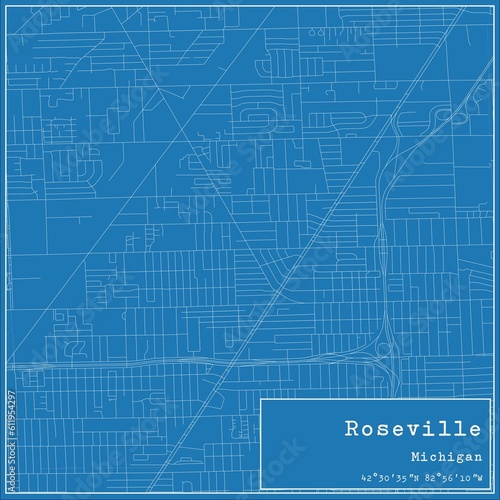 Blueprint US city map of Roseville, Michigan. photo