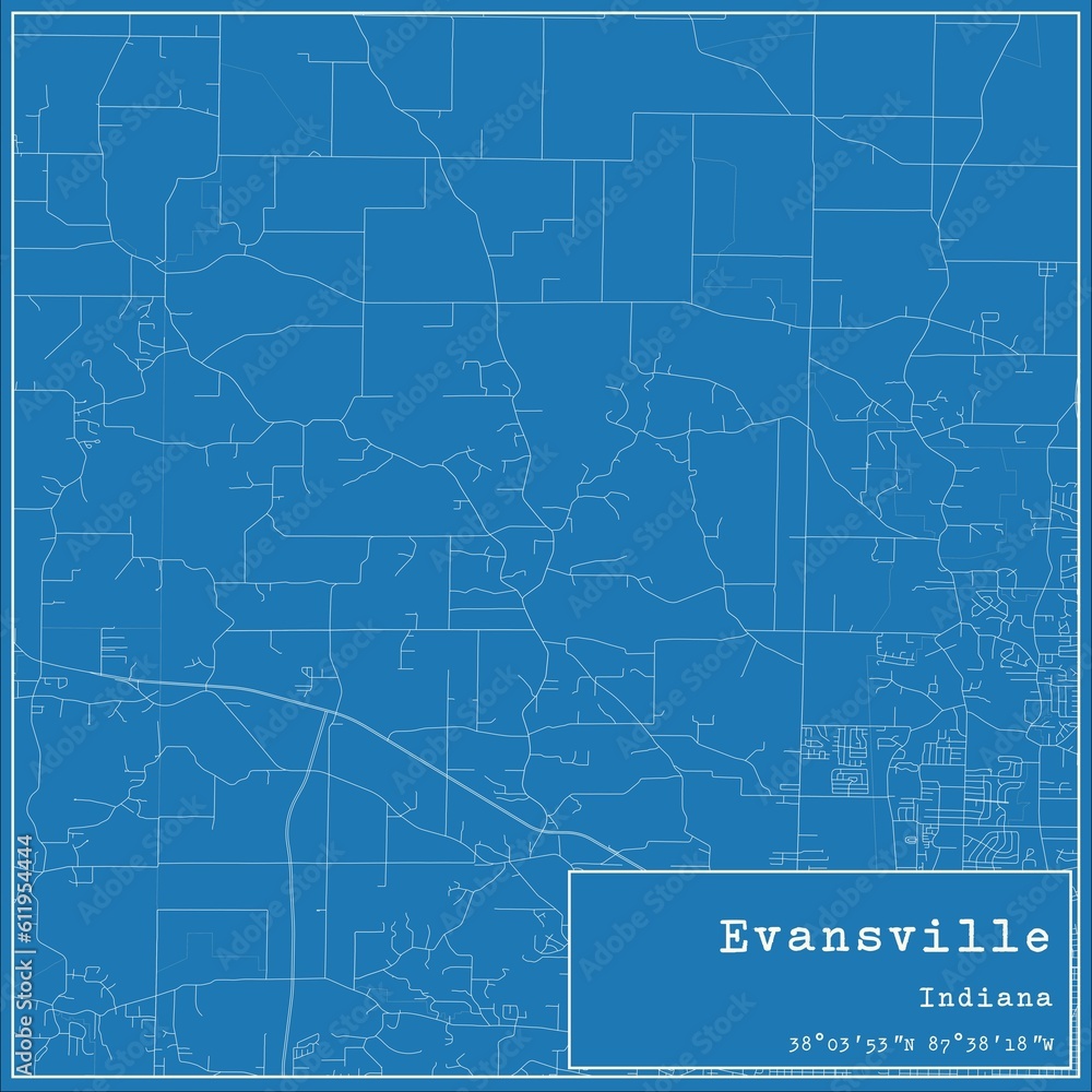 Blueprint US city map of Evansville, Indiana.