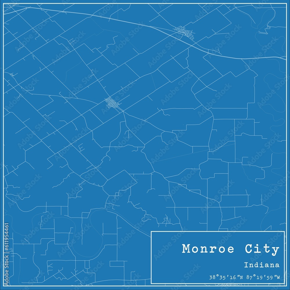 Blueprint US city map of Monroe City, Indiana.