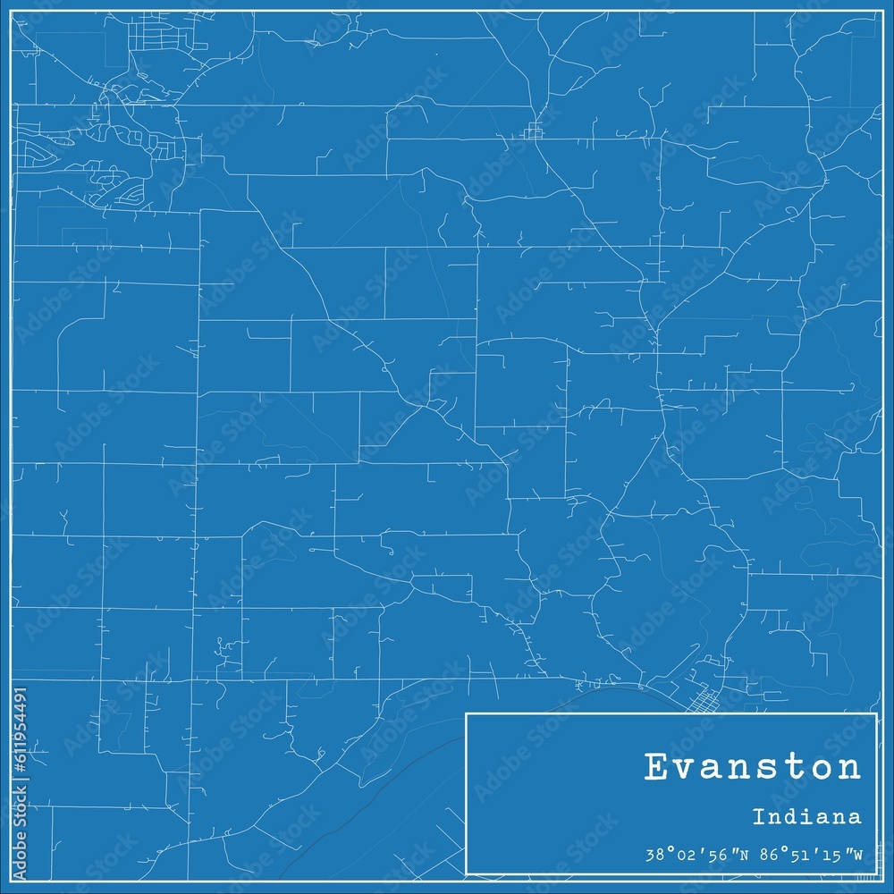 Blueprint US city map of Evanston, Indiana.