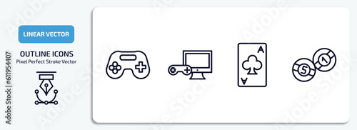 arcade outline icons set. arcade thin line icons pack included game console, pc game, ace of clubs, billiards vector.