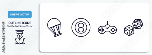 arcade outline icons set. arcade thin line icons pack included paraplane, eight ball, super, dices vector.