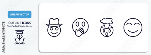 emoji outline icons set. emoji thin line icons pack included cowboy hat emoji, hand over mouth exploding head blushing vector.