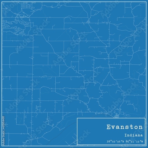 Blueprint US city map of Evanston, Indiana.