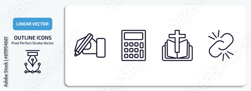 education outline icons set. education thin line icons pack included write by hand, school calculator, bible, binding vector. photo