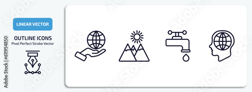 ecology outline icons set. ecology thin line icons pack included globe on hand, landscape image, water tap, awareness vector.