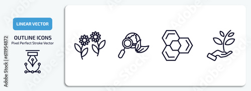 ecology outline icons set. ecology thin line icons pack included two flowers, ecologism, eco power cells, plant a tree vector.