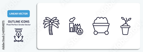 ecology outline icons set. ecology thin line icons pack included coconut tree, recycling factory, coal, eco plant vector.