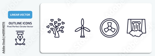ecology outline icons set. ecology thin line icons pack included tree with hearts, wind mills, nuclear energy, dam vector.