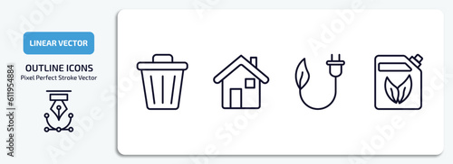 ecology outline icons set. ecology thin line icons pack included dust bin, green house, eco plug, bio fuel vector.